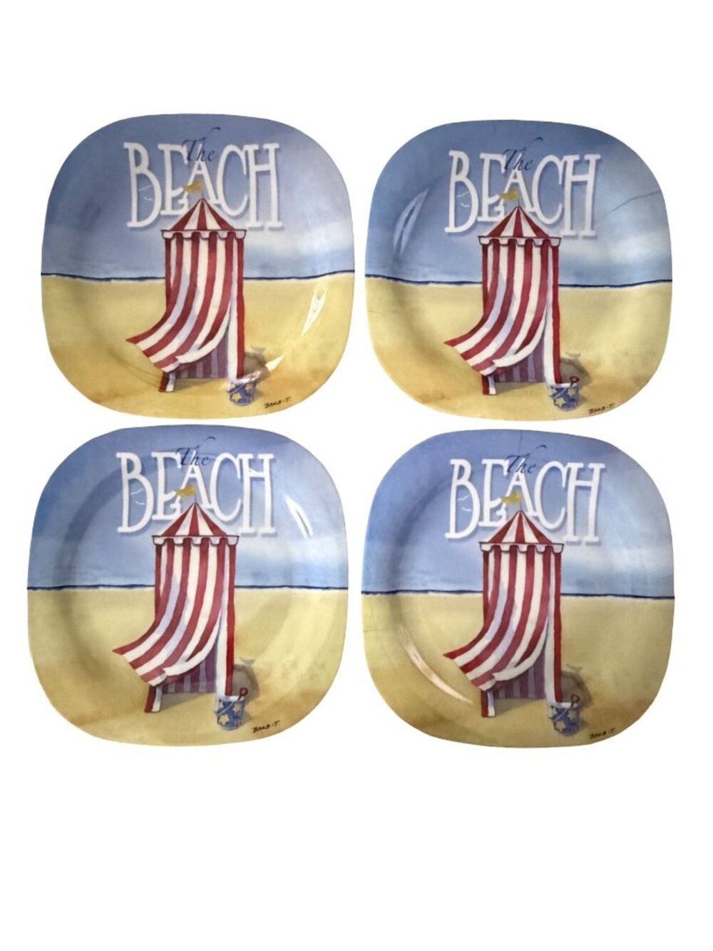 Evergreen Beach Themed Melamine Plates Set of 4 Coastal Cabana Nautical 11”
